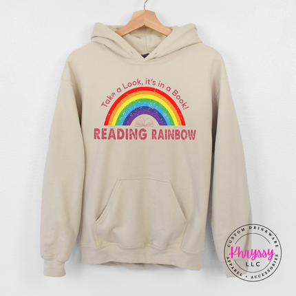 and hoodie showing a nostalgic Reading Rainbow literacy print.
