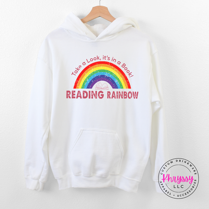 White cozy hoodie with a colorful rainbow book-lover graphic.