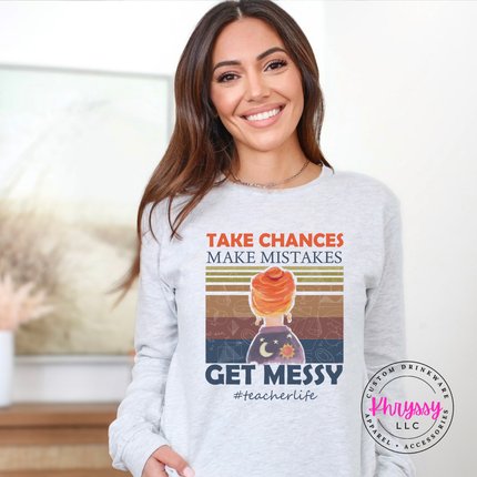 Ash gray teacher tee featuring warm sunset stripes and humor.