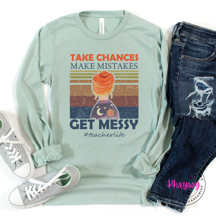 Heather dusty blue tee with retro Take Chances Get Messy art.