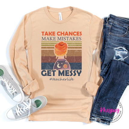 Sand dune tee showing a retro science-classroom messy design.