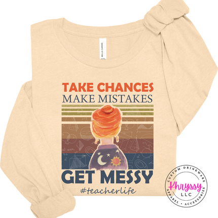 Soft cream tee with a bold vintage teacher-life graphic.
