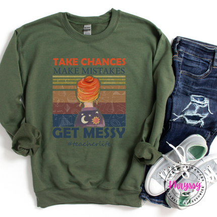 Military green crewneck sweatshirt with get messy teacher lettering.