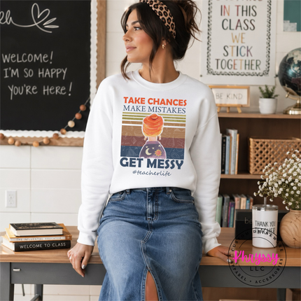 White heavyweight crewneck with a bold vintage teacher-life graphic.