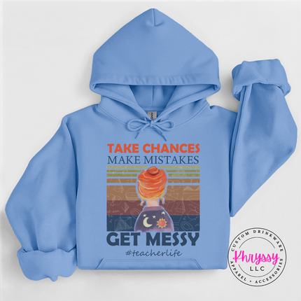 Carolina blue hoodie featuring warm sunset stripes and teacher humor.