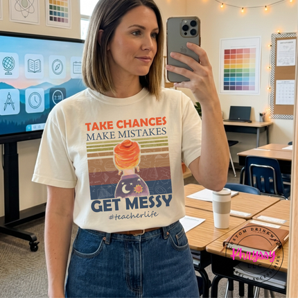 Ivory teacher tee showing a retro science-classroom messy print.
