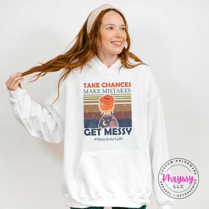 White cozy hoodie with a bold vintage teacher-life graphic.