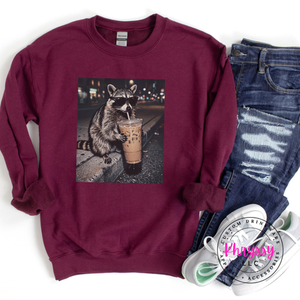 Raccoon Iced Coffee Sunglasses Funny Crewneck Sweatshirt Women