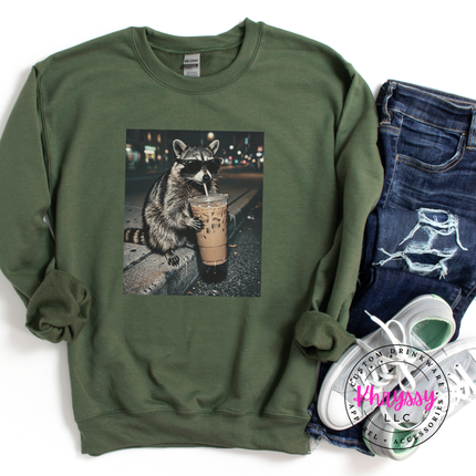 Raccoon Iced Coffee Sunglasses Funny Crewneck Sweatshirt Women