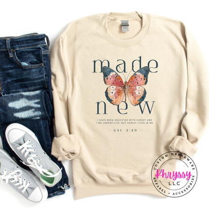 Made New Butterfly Faith Crewneck Sweatshirt | Galatians 2:20