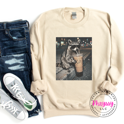 Raccoon Iced Coffee Sunglasses Funny Crewneck Sweatshirt Women