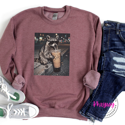 Raccoon Iced Coffee Sunglasses Funny Crewneck Sweatshirt Women