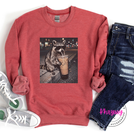Raccoon Iced Coffee Sunglasses Funny Crewneck Sweatshirt Women