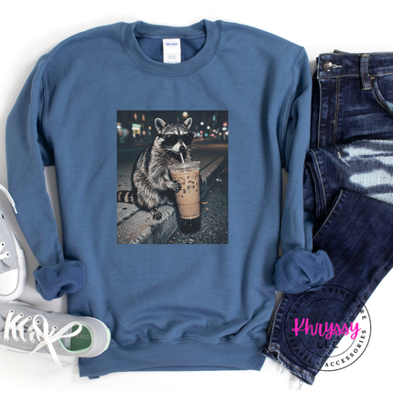 Raccoon Iced Coffee Sunglasses Funny Crewneck Sweatshirt Women