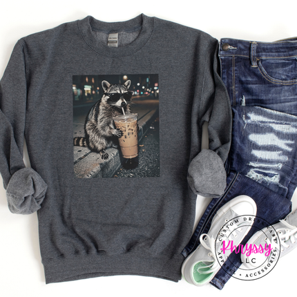 Raccoon Iced Coffee Sunglasses Funny Crewneck Sweatshirt Women