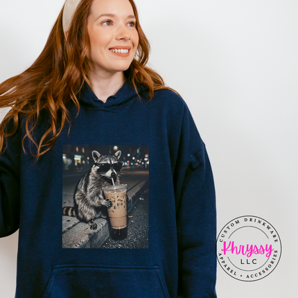 Raccoon Iced Coffee Sunglasses Funny Hoodie | Chaotic Gift for Her