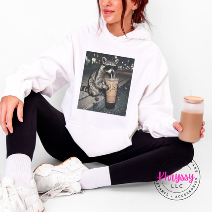 Raccoon Iced Coffee Sunglasses Funny Hoodie | Chaotic Gift for Her