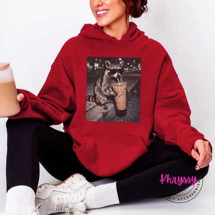 Raccoon Iced Coffee Sunglasses Funny Hoodie | Chaotic Gift for Her