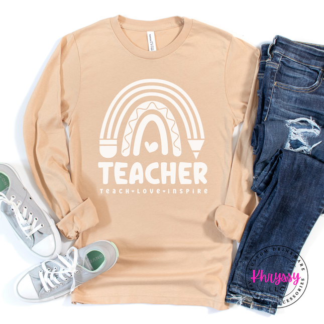 Teacher boho tee in Sand Dune, styled for an easy everyday look.