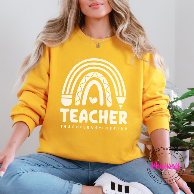 Teacher boho crewneck in Gold, layered for a cool classroom morning.
