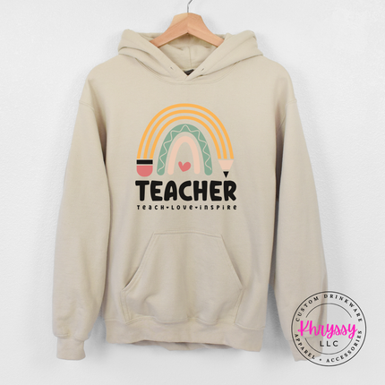 Teacher boho hoodie in Sand, layered for a chilly classroom morning.