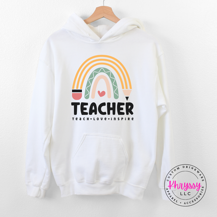 Teacher boho rainbow hoodie in White with drawstring hood and kangaroo pocket.