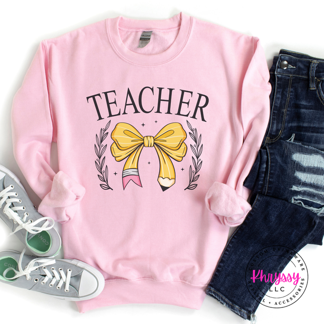 Teacher crewneck in Light Pink, layered for a cool classroom morning.