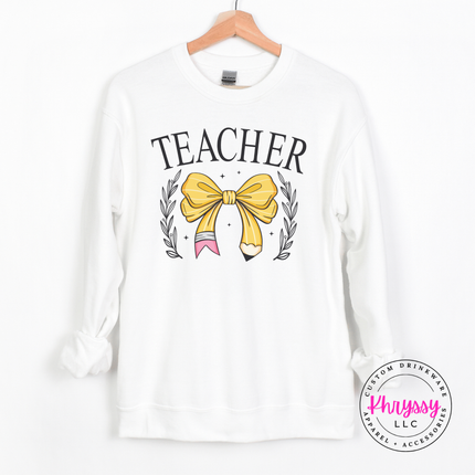 Teacher bow pencil crewneck sweatshirt in White with laurel design.