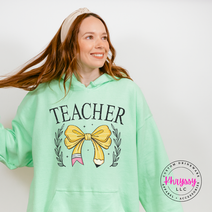 Elegant teacher graphic on a cozy Mint Green pullover hoodie.