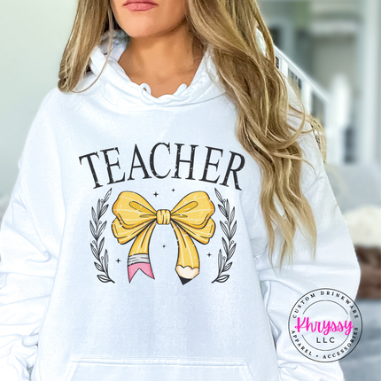 Teacher bow pencil hoodie in White with drawstring hood and kangaroo pocket.