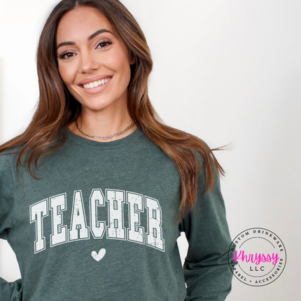 Lightweight teacher graphic tee shown in Forest, soft and breathable for school.