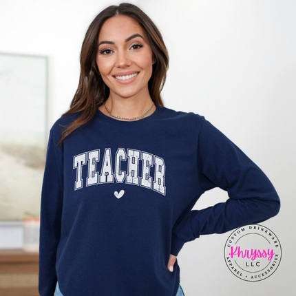 Teacher varsity tee in Navy paired with a cardigan for cooler classrooms.