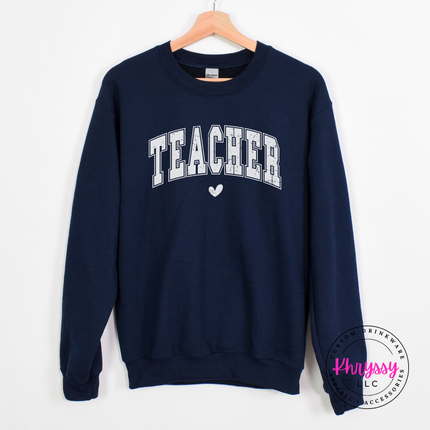 Distressed teacher graphic on a heavyweight Navy pullover sweatshirt.
