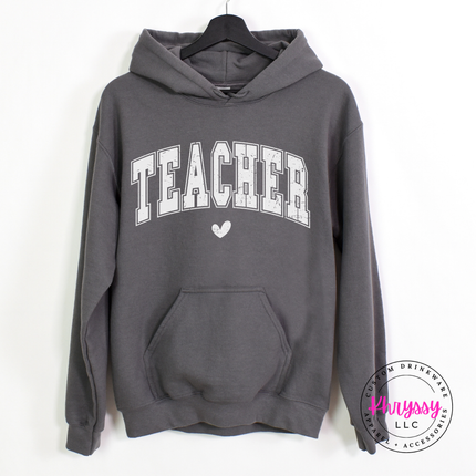 Distressed teacher graphic on a cozy Charcoal pullover hoodie.