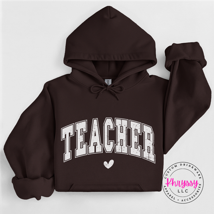 Cozy Dark Chocolate hoodie with vintage teacher varsity design.