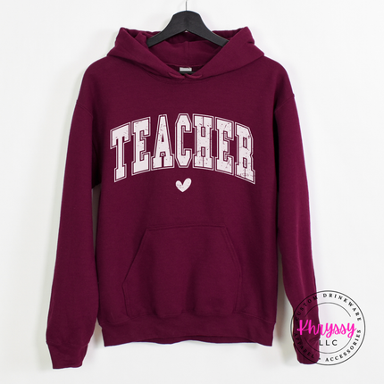 Teacher varsity hoodie in Garnet, layered for a chilly classroom morning.