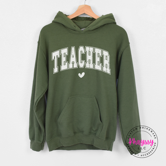 Close-up of arched teacher lettering and heart accent in Military Green.