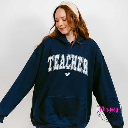 Teacher varsity hoodie in Navy with drawstring hood and kangaroo pocket.