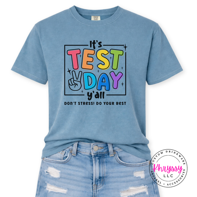 Encouraging test day graphic tee in Ice Blue, soft and comfortable.