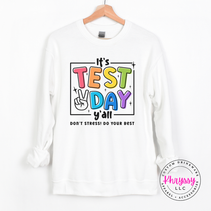 Test day colorful crewneck sweatshirt in White, cozy for testing season mornings.