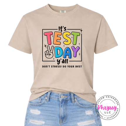 Test day teacher tee in Sandstone styled for a busy testing morning.