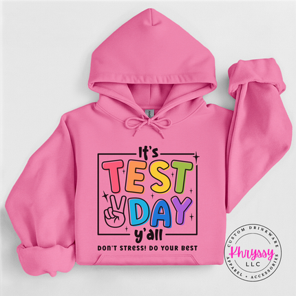Test day hoodie in Azalea, layered for a chilly testing morning.