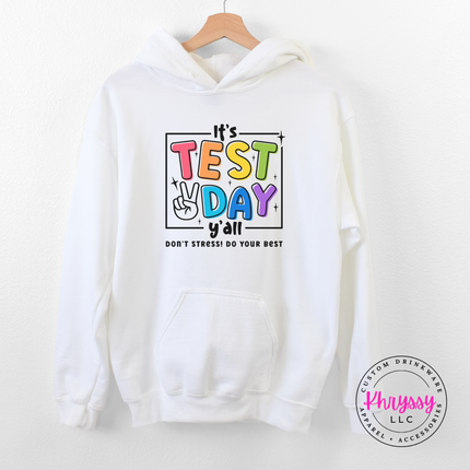 Test day colorful hoodie in White with drawstring hood and kangaroo pocket.