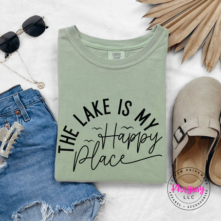 Bay blue lake tee featuring hand-lettered the lake is my happy place.