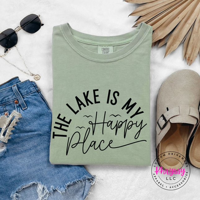 Bay blue lake tee featuring hand-lettered the lake is my happy place.
