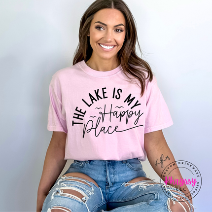 Blossom pink Comfort Colors tee with a lake happy place design.