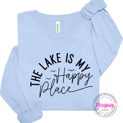 Baby blue lake shirt featuring a hand-lettered happy place graphic.