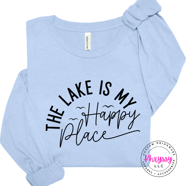 Baby blue lake shirt featuring a hand-lettered happy place graphic.