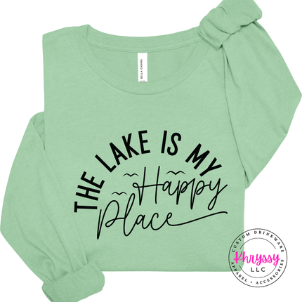 Mint green shirt showing a lake lover happy place design.