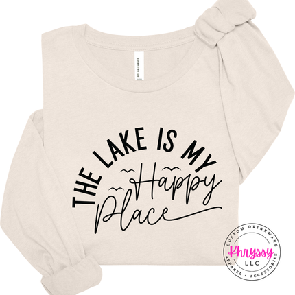 Natural lake shirt with a hand-lettered the lake is my happy place.